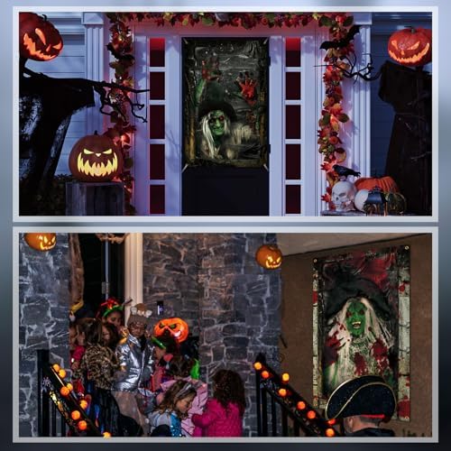 Newwiee 2 Pcs Scary Halloween Curtain Window Silhouette Cover, Green Witch