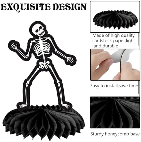 Halloween Skeleton Honeycomb Centerpieces 12Pcs Bone Table Decorations Halloween Skull Party Decorations Gothic Black Skeleton Table Centerpieces for Horror Theme Birthday Party Baby Shower Supplies