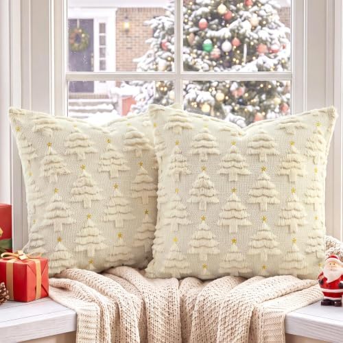 Softalker Christmas Pillow Covers 20x20 Set of 2, Beige Xmas Tree Decor