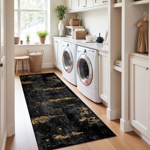 RELEANY Washable Runner 2'x10' Abstract Area Rug for Hallway Black Gold