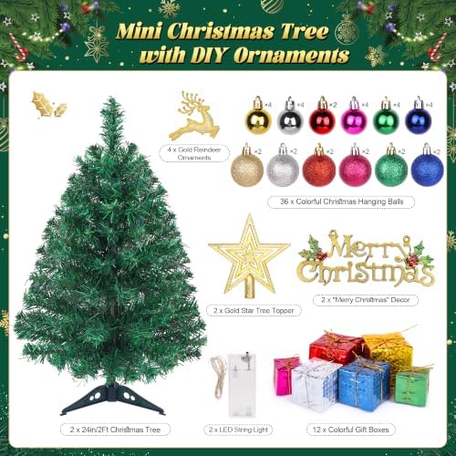 Mini Christmas Tree with Lights, 2 Ft Small Tabletop Christmas Tree, 2 Pack