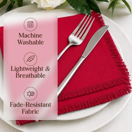 CLOUDLOOM 100% Cotton Fringe Cloth Napkins, Red, Set of 6, 20"x20"