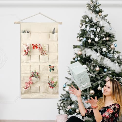 Fabric Christmas Advent Calendar with Pockets,Christmas Advent Calendar,Reusable Natural 24 Days Countdown Advent Calendar Hanging Storage Bag for Xmas Holiday Home Wall Decoration