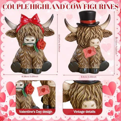 Simgoing 2 Pack Valentine's Day Highland Cow Figurines Resin Highland Cow with Love Letter and Rose Calf Lovers Gifts Valentines Tabletop Decorations for Home Centerpieces Exchange Gifts