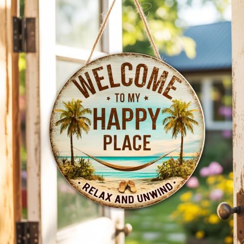 Welcome To My Happy Place Wooden Hanging Sign for House Front Door, Lake Beach House Welcome Sign for Porch Garden Patio