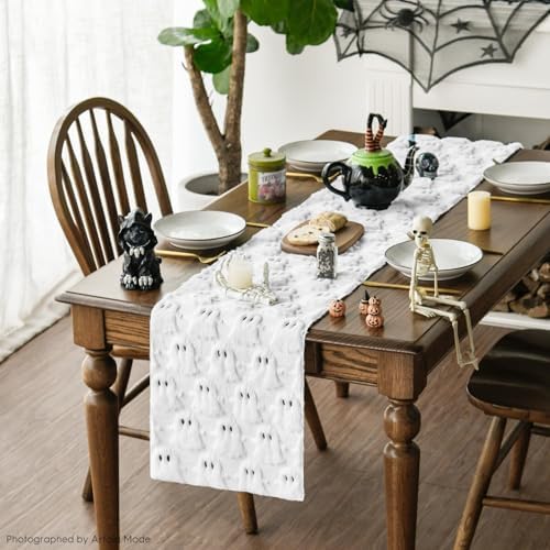 Artoid Mode White Soft Faux Fur Ghost Halloween Table Runner 13x48 Inch