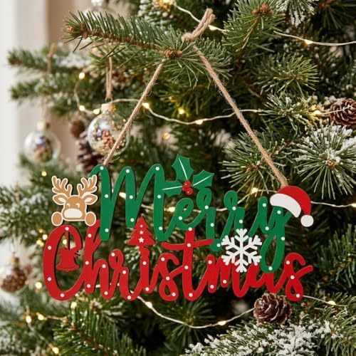 Merry Christmas Sign for Front Door Decor - 2 in 1Wooden 11.8 Inch × 6.7inch Christmas Wreath Wall Hanging or Tabletop Centerpiece for Door, Table, Fireplace