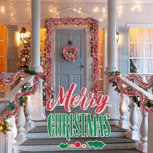 Shappy 90 ft 6 Rolls Christmas Tinsel Garland for Tree, Red Frosted Tip