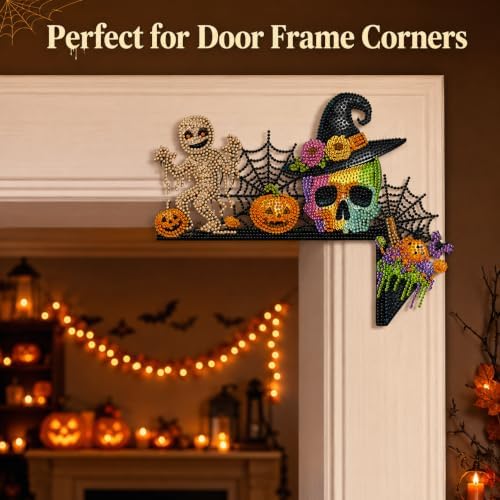 DIY Halloween Witch Pumpkin Diamond Art Wooden Door Corner Decoration, Halloween Frame Sign Kit, Creative Wall Art Mosaic Frame Sign for Home Decor & Gifts