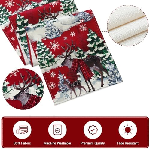 Artscope Reindeer Snowman Christmas Tree Table Runner, Xmas Winter Snowflakes Holiday Kitchen Dining Table Decoration for Christmas Home Party Decor 13x60 Inch-Red