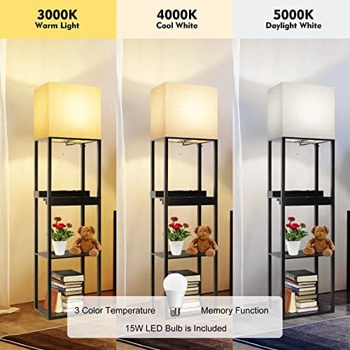 RUNTOP Plus Charging Station Floor Lamp with Wireless Charger, 2 USB-C Port, 2 Power Outlet, Floor Lamp with Shelves