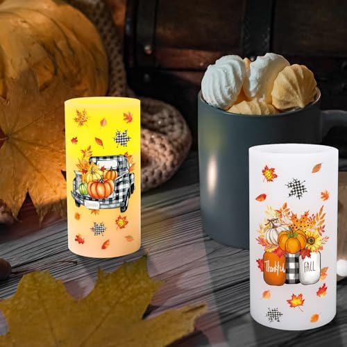 Whaline Fall LED Flameless Candles Plaid Pumpkin Truck Warm Light Battery Operated Pillar Candles Autumn Electric Flickering Candle for Thanksgiving Party Home Decor, Set of 3