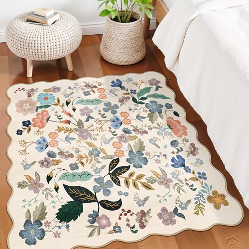Washable 4x4 Square Area Rug: Floral Scalloped Soft Rugs for Living Room Bedroom Non Slip Bathroom Nursery Floor Mat