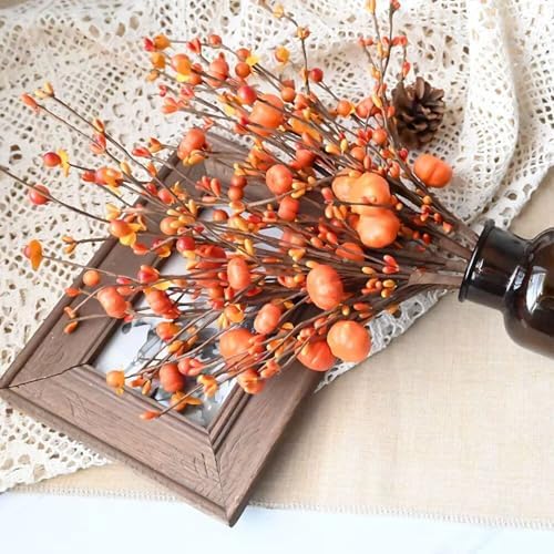Artificial Fall Floral Stems for Vases,15.75 In Fall Pumpkin Decor Autumn Pumpkin Branches Picks with Berry Stems Decor for Autumn Harvest Thanksgiving Day Home Table Floral Arrangements Vase Filler