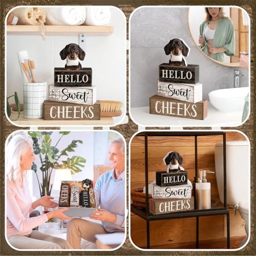 Moucuny 4 Pcs Farmhouse Dachshund Bathroom Decor, Hello Sweet Cheeks, Wood