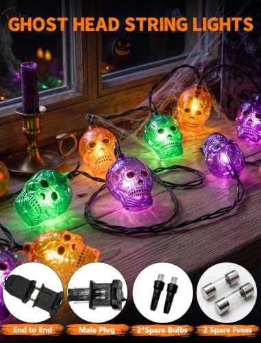 8.5Ft Outdoor Halloween Skull String Lights, 10 Plug in Ghost Head Lights