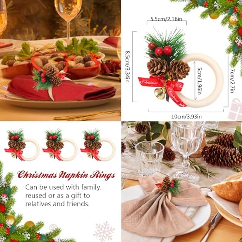 12 Pcs Christmas Napkin Rings Set, Xmas Pine Cones Poinsettia Wooden Napkin Ring Holders,Handmade Rustic Style Napkin Decoration for Christmas Banquet Dinner Wedding Birthday Table Decor