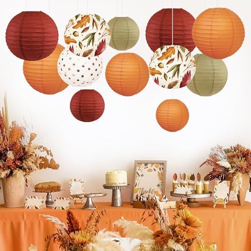NICROLANDEE 12Pcs Burgundy Orange Maple Leaves Hanging Paper Lanterns
