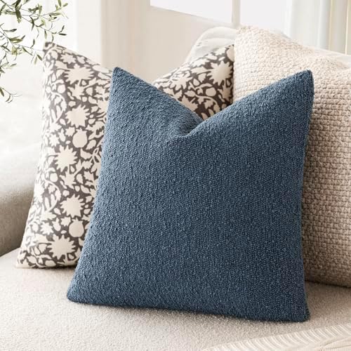 Textured Boucle Throw Pillow Covers Accent Solid Pillow Cases Soft / 20 x 20 / Blue Ashes / Set of 2