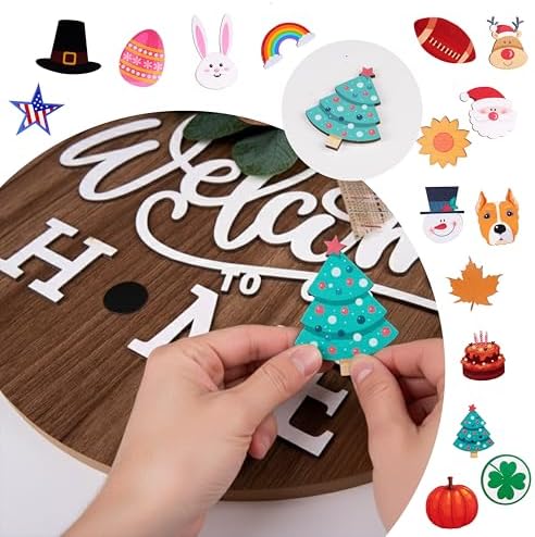 CondorPasea Interchangeable Welcome Door Sign with 16 Different Replaceable Patterns - 12" Round 3D Rustic Wooden Front