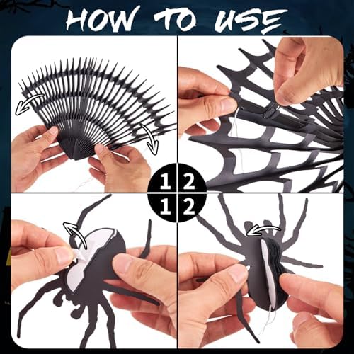 Spider Webs Halloween Decorations with 5 Black White Paper Fans, 6 Fake Spiders and 12 Bat Wall Stickers for Wall Indoor Outdoor Halloween Party Decor