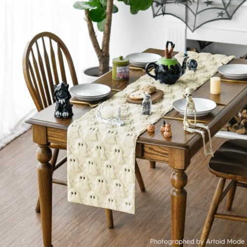 Artoid Mode Beige Soft Faux Fur Ghost Halloween Table Runner 13x90 Inch