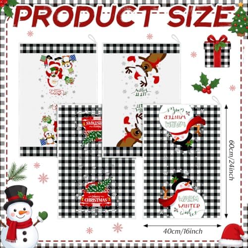 Bencailor 6 Pcs Christmas Kitchen Towel, Black Plaid, Cartoon Christmas