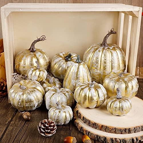 winemana 12 Pcs Pumpkin Fall Decorations, Golden Artificial Pumpkins
