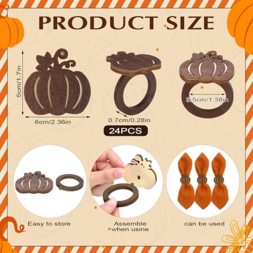 Roshtia 24 Pcs Wooden Fall Napkin Rings Thanksgiving, Pumpkin
