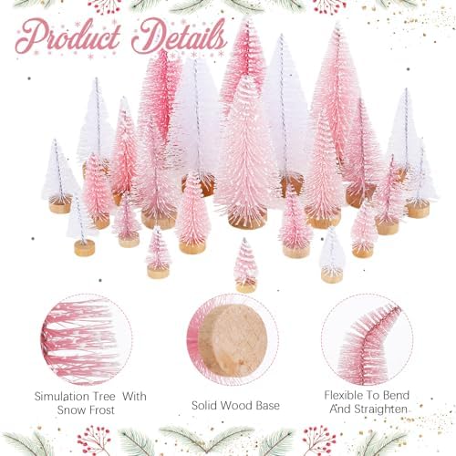 Leyndo 24 Pcs Pink White Artificial Mini Christmas Tree with Wood Base