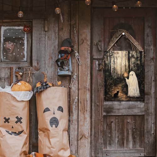 Cute Halloween Decorations Indoor: Funny Spooky Wooden Hanging Sign - Ghost Black Cat in Forest Door Sign Farmhouse Home Room Decor