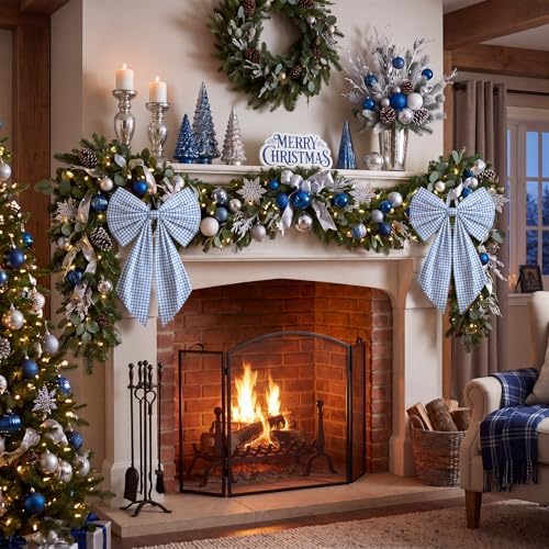 Suncalla 2 Pcs Blue Christmas Gingham Wreath Bows 18'' x 12''