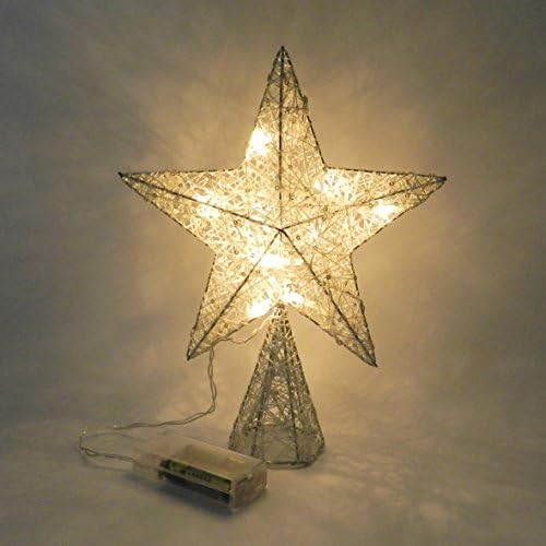 CVHOMEDECO. White Tree Top Star with Warm White LED Lights and Timer for Christmas Ornaments and Holiday Seasonal Décor, 8 x 10 Inch