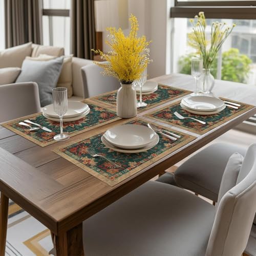 Artoid Mode Snowflakes Floral Ethnic Boho Christmas Placemats Set of 4, Washable Heat Resistant Non-Slip Plastic PVC Place Mats for Farmhouse Winter Holiday Party Kitchen Dining Decor