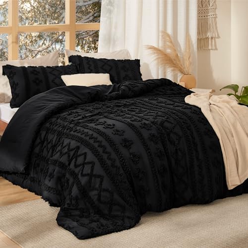 Bedsure Tufted Boho Comforter Set Queen Size - Black Boho Bed Set, GentleSoft™ 3 Pieces Farmhouse-Style Embroidery