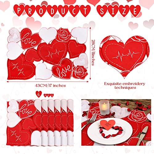 6 Pcs 11 x 17 Inch Embroidered Valentine's Day Placemats Applique Heart Placemats Red Rose Floral Love Heart Table Mats for Wedding Party Dining Table Decoration