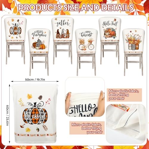 Moukeren Fall Chair Back Cover Set of 6 Thanksgiving Pumpkin Slipcovers Stretch Dining Chair Back Covers Farmhouse Removable Elastic Seat Protector for Home Thanksgiving Harvest Party Kitchen Decor