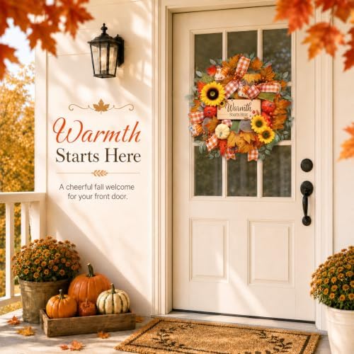 22 Inch Fall Wreaths for Front Door, Harvest Sunflower Wreath