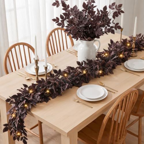 6Ft Plum Fall Garland for Mantle with Lights, Fall Decorations for Home
