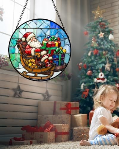 Christmas Jolly Santa Stained Glass Window Hanging Suncatcher Gifts 15"