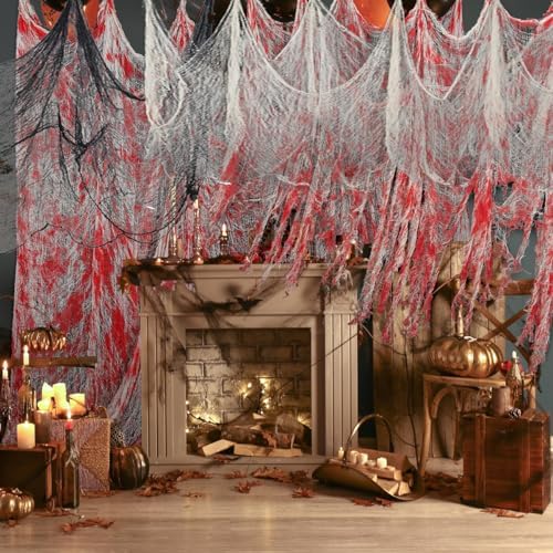 Halloween Creepy Cloth,3Pcs 30×72inch Black Spooky Scary Creepy Gauze Cloth Halloween Decorations for Party Doorways Outdoors Decoration, Black+White+red