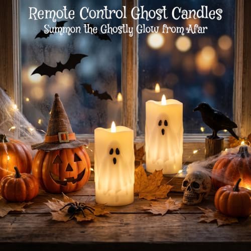 Halloween Ghost Flameless Pillar Candles with Remote Timer, 2PCS