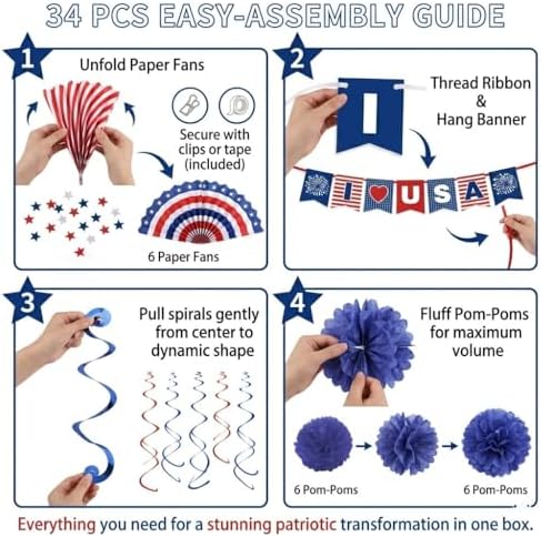 34PCS 4th of July Decorations Patriotic Decorations Love USA Banner Red White Blue Paper Fans, Star Streamer, Pom Poms, Hanging Swirls for Memorial Day Veterans Labor Presidents Flag