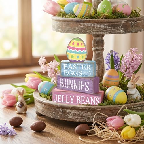 Lineshading 4 Pcs Easter Block Signs, Farmhouse Tiered Tray Decor Wooden