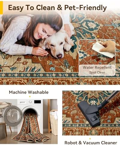 RELEANY Washable Area Rug, 6'x9', Red/Orange/Blue/Brown