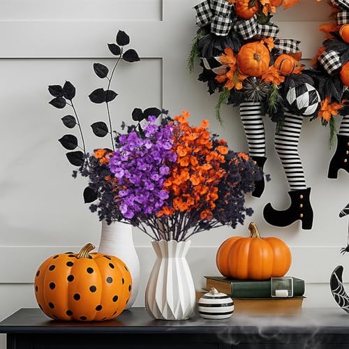 Uieke 6 Pcs Halloween Artificial Baby's Breath Flowers, Black & Purple & Orange Faux Gypsophila Flowers, Real Touch Silk Flowers for Cemetery Decor, Haunted House Party, Spooky Centerpieces