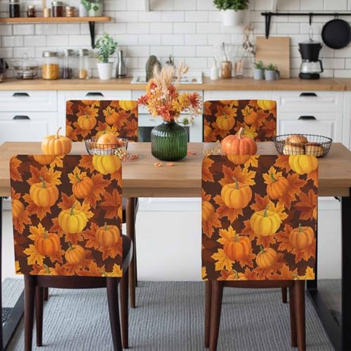 LooPoP Fall Chair Covers Orange Harvest Pumpkin Chair Slipcover Protector Removable Stretch Chair Covers Autumn Maple Leaf Thanksgiving Chair Back Covers for Dining Chairs Kitchen Holiday Party Decor