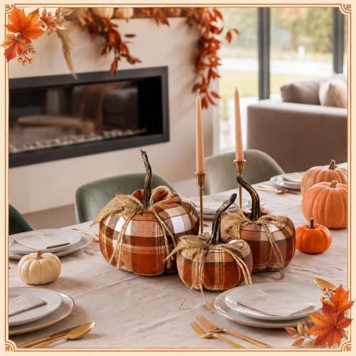 Beeveer 3 Pcs Fall Pumpkins Decor Rustic Brown Autumn Pumpkins Decorative