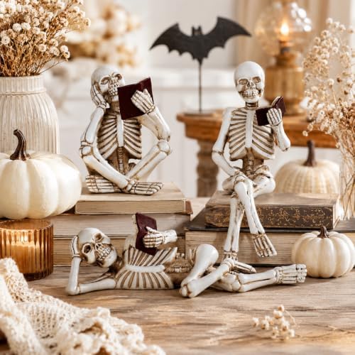 Dlfghos 3 Pieces Halloween Skeleton Statue Halloween Skull Figurine Home Decor Reading Skeleton Figurines Decorations for Indoor Fireplace Home Kitchen Desk Office Party