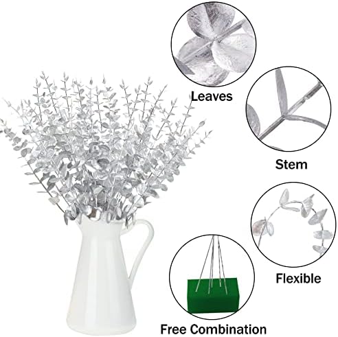 FEQO 36 Pcs Silver Artificial Eucalyptus Stems 15" Faux Eucalyptus Branches